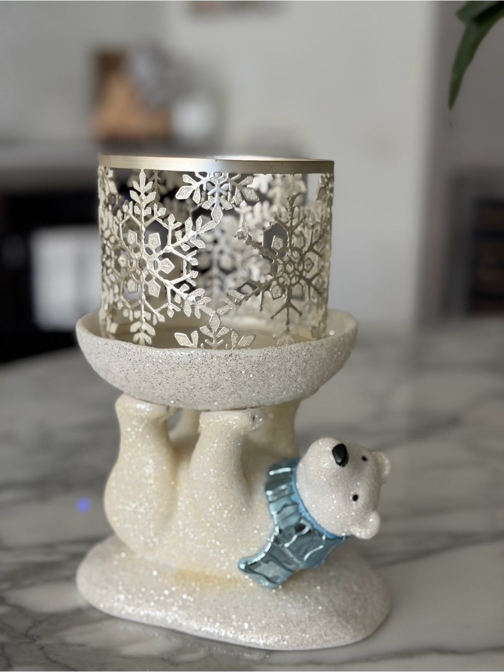 Glitter holiday Polar Bear Candle Holder with Silver Snowflake